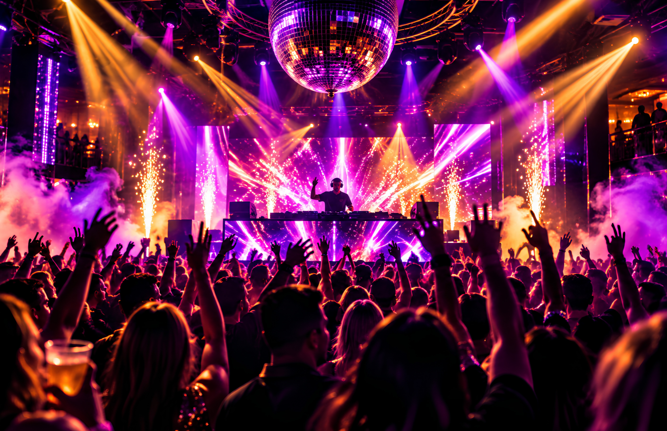 Nightclub crowd facing a DJ stage under purple and gold lights