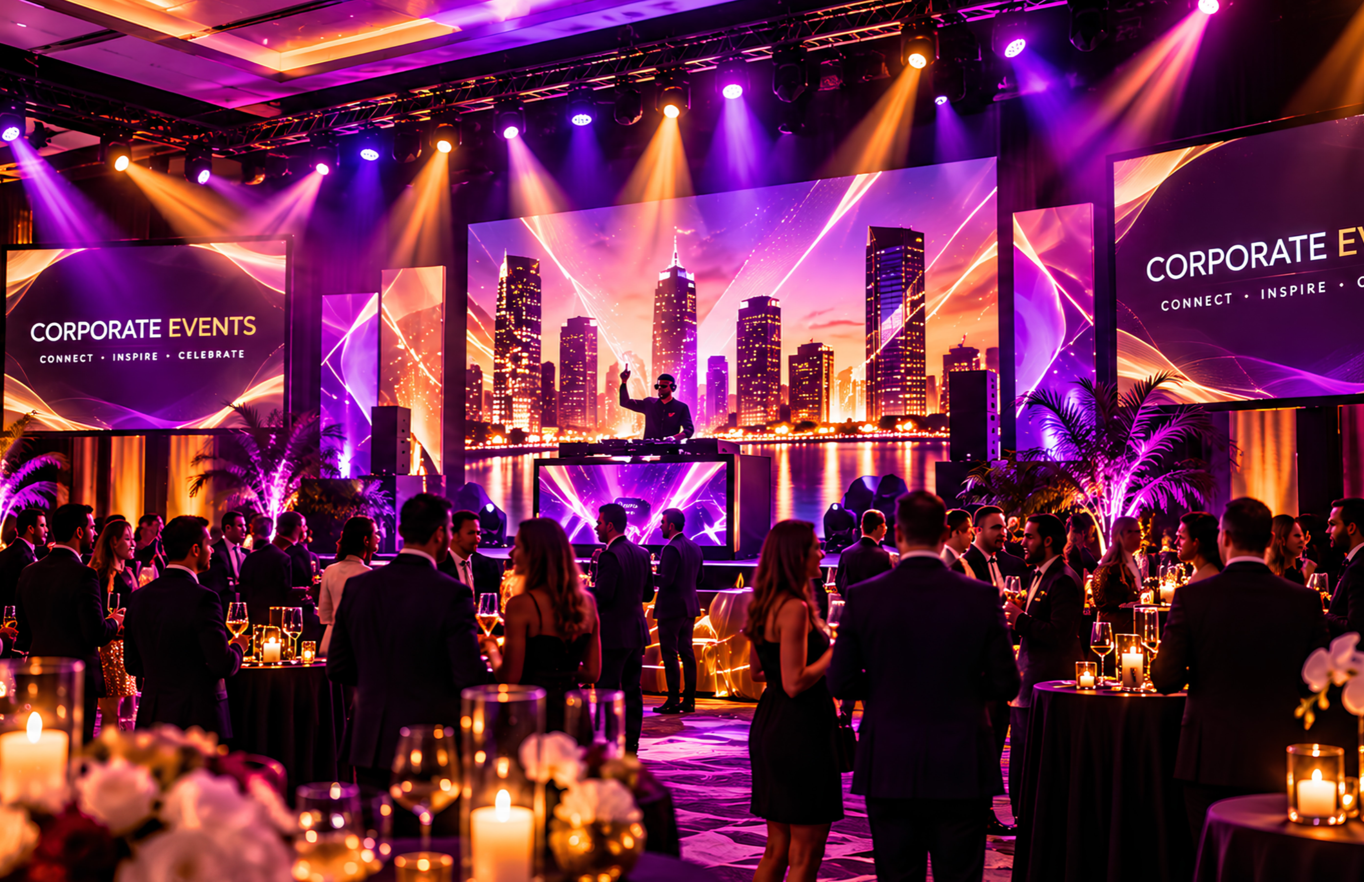 Corporate event ballroom. The stage screens read Corporate Events, Connect, Inspire, Celebrate.