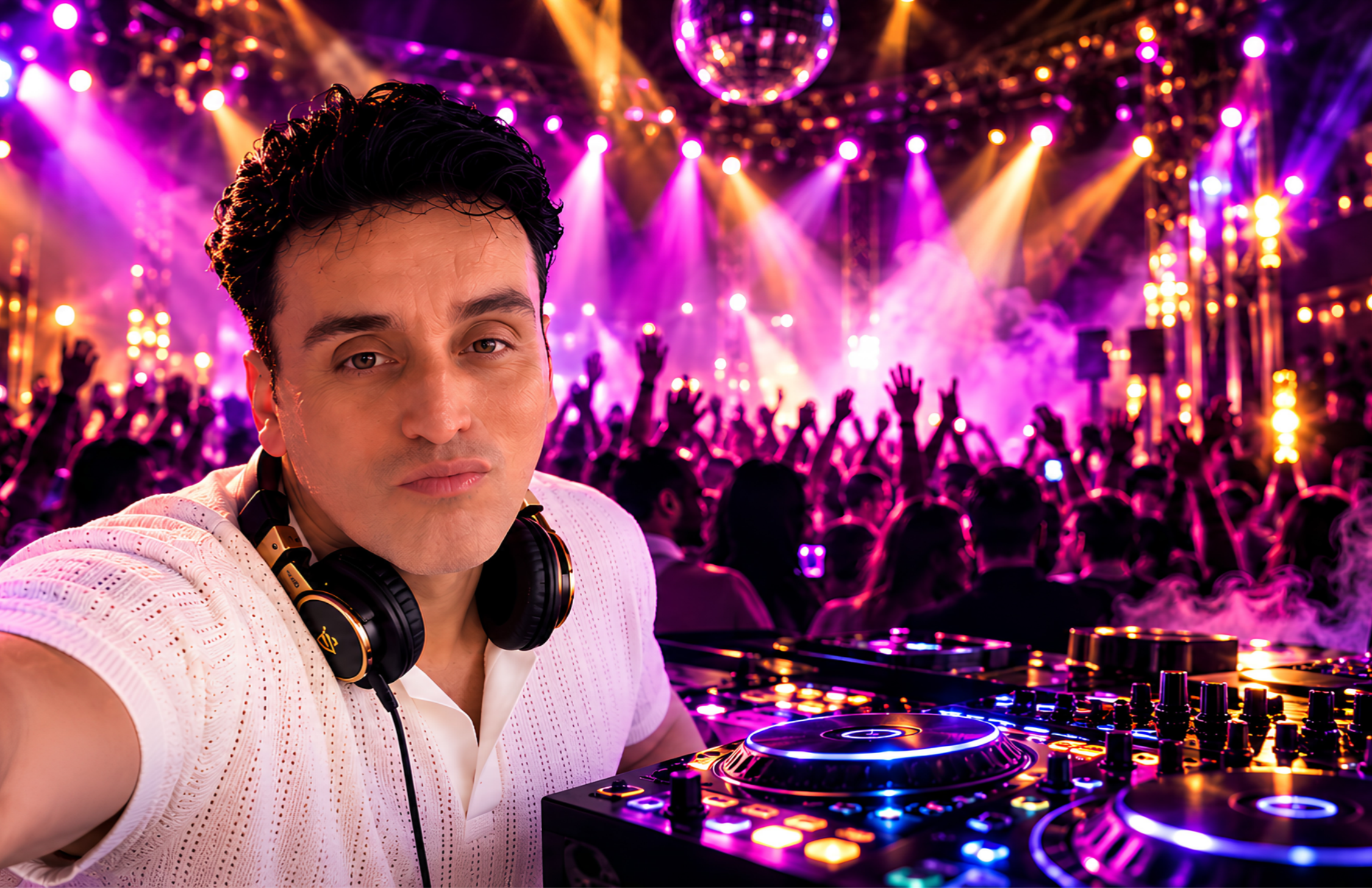 DJ Rafik at the decks in front of a nightclub crowd