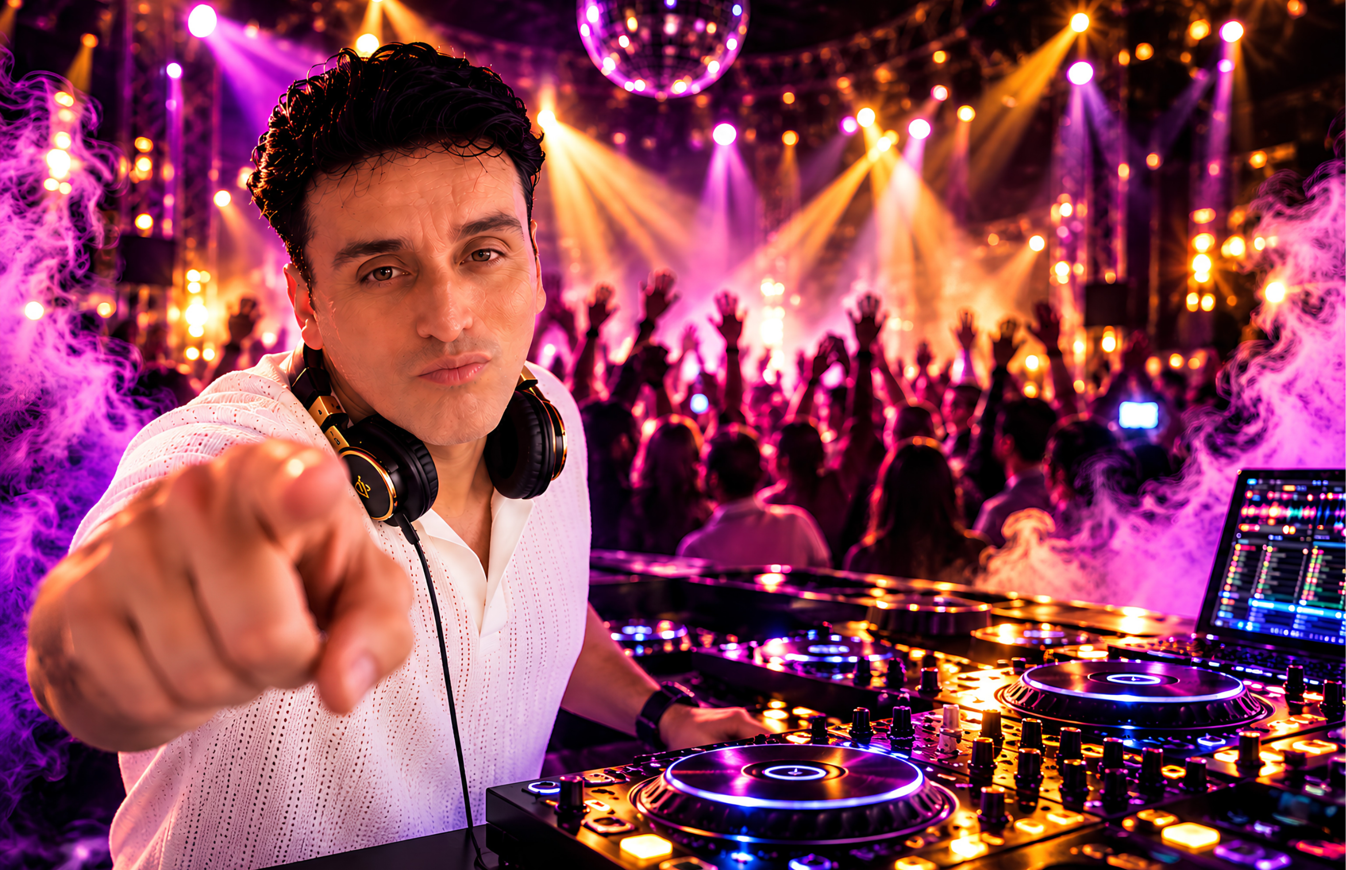 DJ Rafik pointing toward the camera from behind the decks